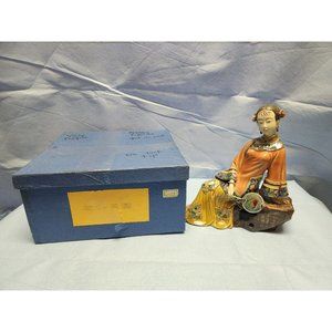 Chinese Mud Foshan in Kimono/Butterfly Skirt Statue Seated Holding Hand-Mirror